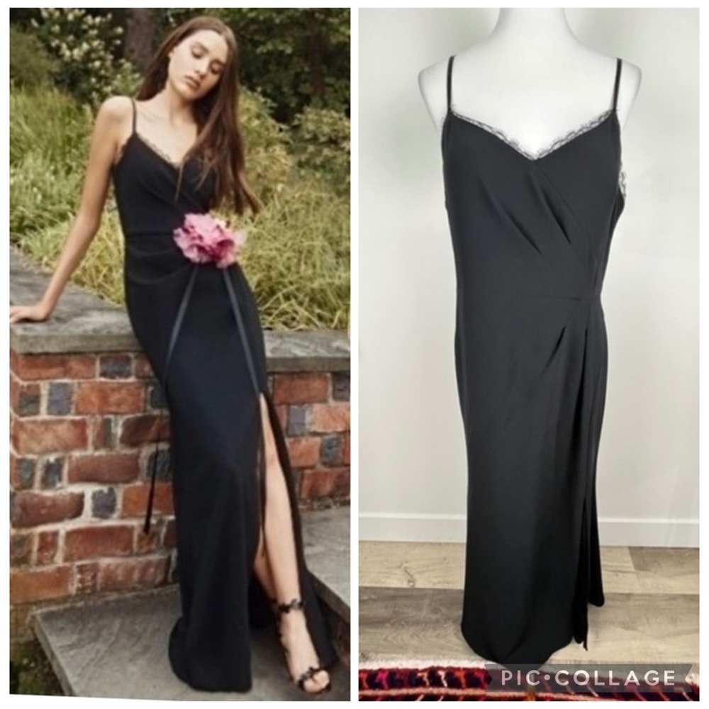 Marchesa Notte Chantilly Lace Trimmed Crepe Gown Black 12 Formal Elegant Evening
